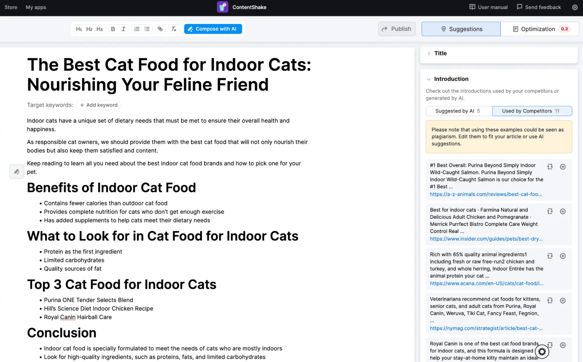 The ContentShake AI interface shows the generated text on the left and competitor articles on the right.